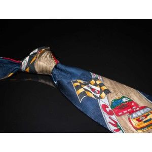 Tabasco 100% Silk Tie Navy Multicolor NASCAR Motif Mens Necktie USA Wide